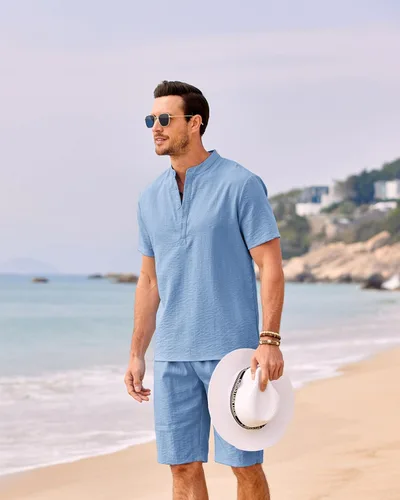 Miniatura 3 de COOFANDY Conjunto de 2 piezas de lino para hombre, camisas Henley casuales de manga corta, pantalones cortos de yoga para playa, pantalones cortos