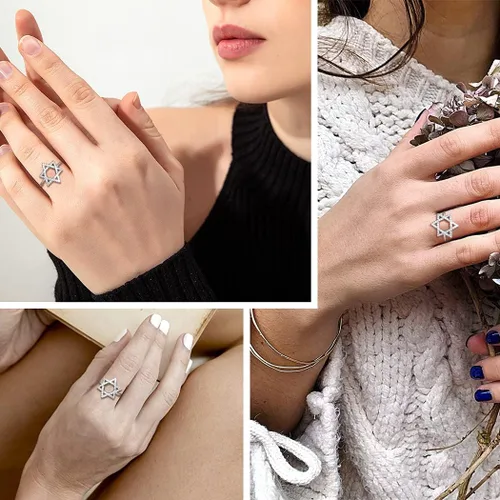 Miniatura 2 de Jewmon Anillo ajustable de estrella de David judía para mujer, plata de ley 925, circonita cúbica, estrella de David, anillo judío abierto, amuleto