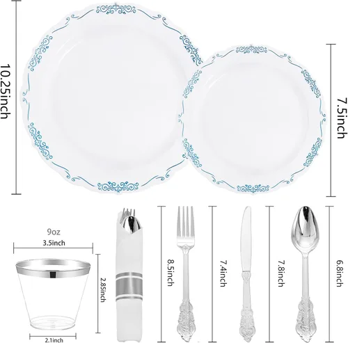 Miniatura 8 de DaYammi 350 piezas de platos de plástico azules y blancos desechables para fiestas, incluyen 50 platos de cena, 50 platos de postre, 50 servilletas
