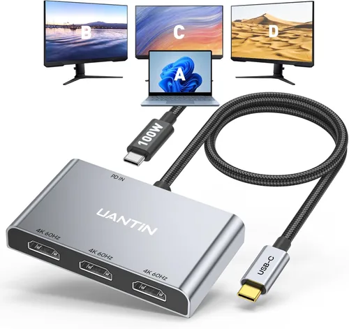 UANTIN Adaptador HDMI USB C a 3 con PD 100W, 4K a 60Hz HDMI Splitter Pantalla extendida para múltiples monitores, adaptador para 3 monitores,