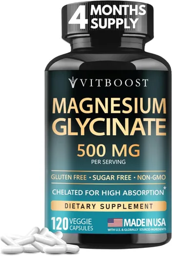 VITBOOST Glicinato de magnesio 500 mg - Suplemento quelado de alta absorción - Sin OMG, vegano - 120 cápsulas vegetales naturales - Fabricado en