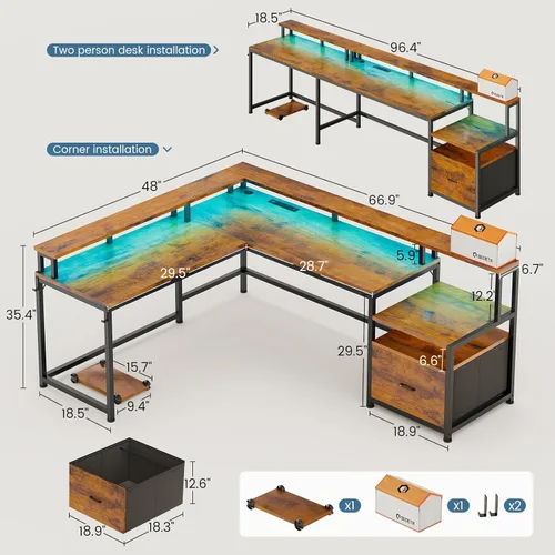Miniatura 3 de SEDETA Escritorio de oficina en forma de L, escritorio de computadora esquinero en forma de L de 66 pulgadas con cajón de archivos de madera y toma