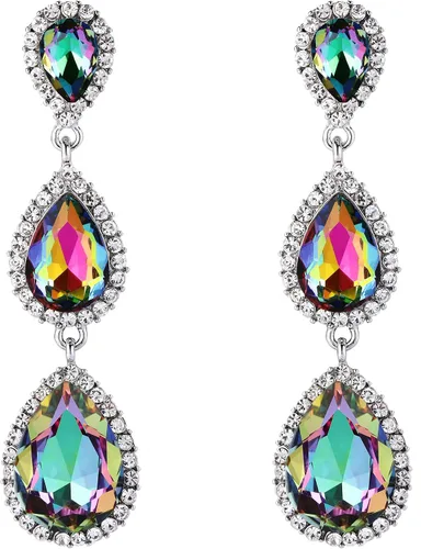 Miniatura 134 de EleQueen Pendientes de cristal austriaco en tono dorado para mujer, forma de pera de 2.5 pulgadas, color esmeralda