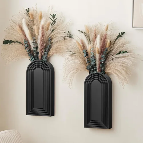 Juego de 2 jarrones de pared de madera con eucalipto de hierba de las pampas, decoración de pared moderna de estilo bohemio para sala de estar,