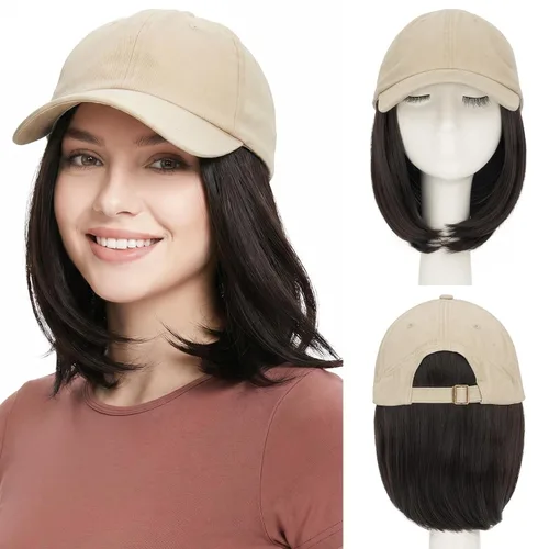 Miniatura 42 de SEGO Gorra de béisbol con extensiones de cabello para mujer, resistente al calor, sintético, 6 pulgadas, ajustable, corta, recta, peluca de repuesto