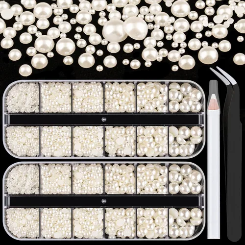 Miniatura 12 de Kit de 2700 perlas con parte trasera plana, 1 caja de color blanco con parte trasera plana + 1 caja de perlas pequeñas de color beige medio redondo