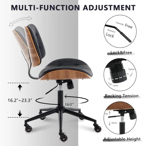Miniatura 6 de Silla de escritorio de oficina en casa con ruedas, silla de oficina sin brazos de altura ajustable, piel sintética, respaldo medio, silla de Negro