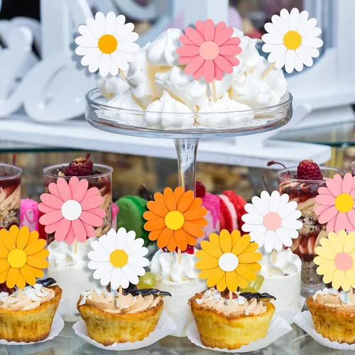 Miniatura 5 de Henoyso 48 decoraciones para cupcakes de margaritas de primavera Groovy Spring Flower Cake Topper de los años 70, hippie, bohemio, joven, salvaje