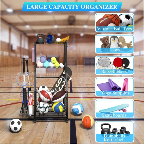 Miniatura 3 de Organizador de garaje para equipos deportivos, estante de almacenamiento de pelotas de garaje para deportes con ruedas, organizador deportivo