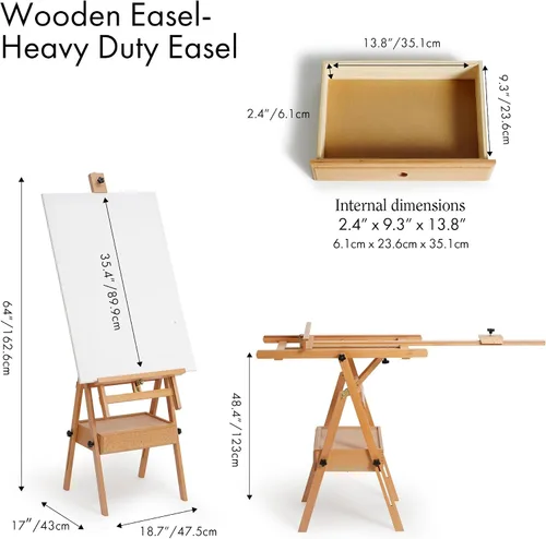 Miniatura 2 de ARTIFY - Caballete de madera grande con marco en H, soporte de lona resistente de madera de haya, uso horizontal y vertical, para acrílico, aceite