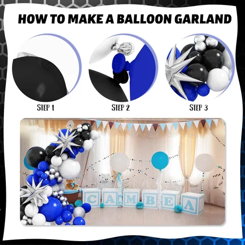 Miniatura 6 de Kit de arco de globos azul negro y blanco, kit de guirnalda de globos azul marino blanco negro con globos de látex plateado metálico globos de Azul