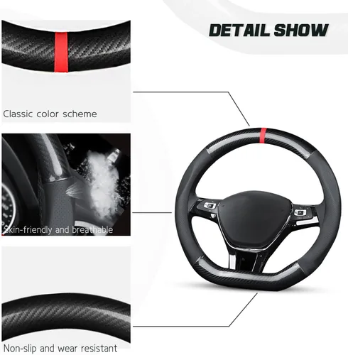 Miniatura 3 de Ergocar Funda antideslizante para volante de automóvil, protector deportivo en forma de D, fibra de carbono y cuero PU, universal para diámetro