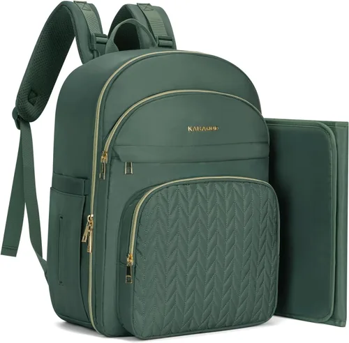 Miniatura 10 de KABAQOO Mochila para pañales de bebé, mochila impermeable para pañales para mamá y papá con cambiador, bolsillos aislados y correas para cochecito