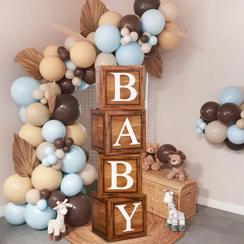 Miniatura 7 de Cajas de globos marrones para bebé con 27 letras - 4 piezas de bloques para baby shower con veta de madera y letras A-Z+B decoración de bosque y oso