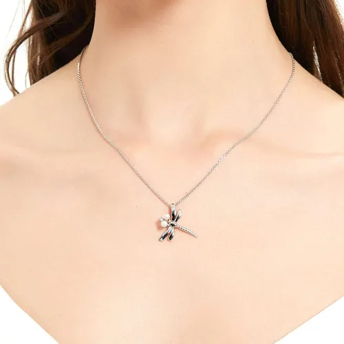 Miniatura 3 de BERRICLE Collar con colgante de plata de ley con botón blanco de libélula, perlas cultivadas de agua dulce para mujer, chapado en rodio, Plata