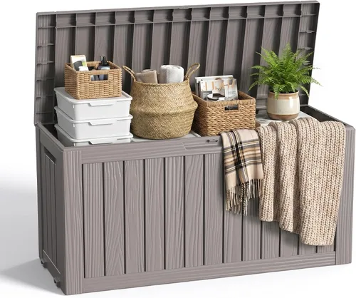 Miniatura 22 de EasyUp Caja de almacenamiento al aire libre de 30 galones, caja de resina para muebles, herramientas de jardín, cajas de almacenamiento exteriores