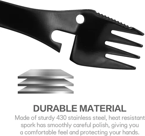 Miniatura 5 de Paquete de 2 cucharas de tenedor multifunción de acero inoxidable 5 en 1, tenedor y cuchillo, abrelatas y utensilios de campamento para picnic
