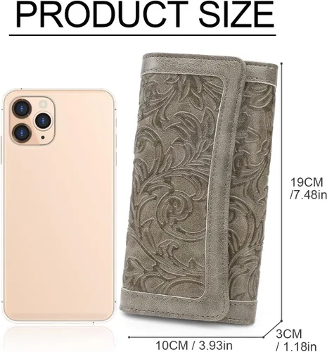 Miniatura 28 de MEITRUE Cartera de cuero para mujer, con bloqueo RFID, triple pliegue, con relieve, soporte para tarjetas, organizador de chequera para teléfono
