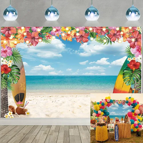Telón de fondo de playa de Hawaii de verano de 7 x 5 pies, Aloha con palmera tropical, cielo azul, océano, tabla de surf, fondo de fotografía
