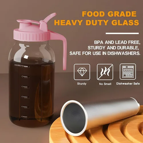 Miniatura 3 de JunVpic Tarro para cafetera fría – Tapa multiusos de vidrio grueso de 64 onzas con asa y filtro de acero inoxidable para café helado, limonada, té