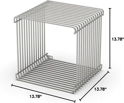 Miniatura 3 de Mesa auxiliar cuadrada de geometría retro, mesa auxiliar de metal lineal de acero inoxidable, estante de escritorio multiusos de hierro (plateado)