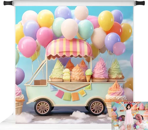 Kate Telón de fondo de globo de helado para automóvil, decoración de fiesta de cumpleaños para niños, fondo de fotografía de 6.5 x 6.5 pies