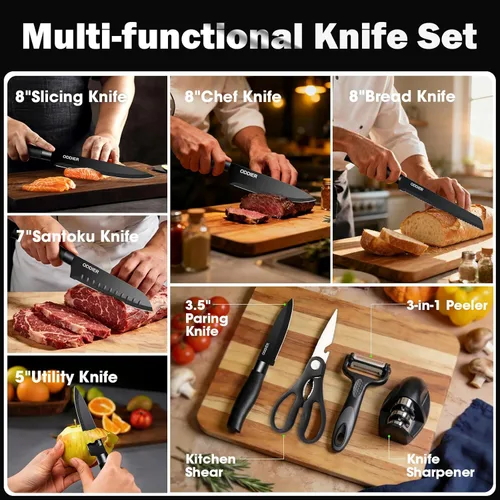 Miniatura 5 de Juego de cuchillos, juego de 10 piezas de cuchillos de cocina con bloque y afilador, juego de cuchillos de acero inoxidable antióxido para cocina