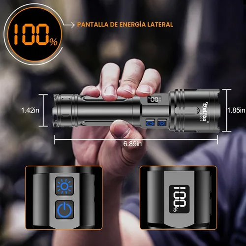 Miniatura 6 de Relybo Linternas recargables de alto lúmenes, linterna LED de 100000 lúmenes, linternas superbrillantes de alta potencia, largo alcance de 5000