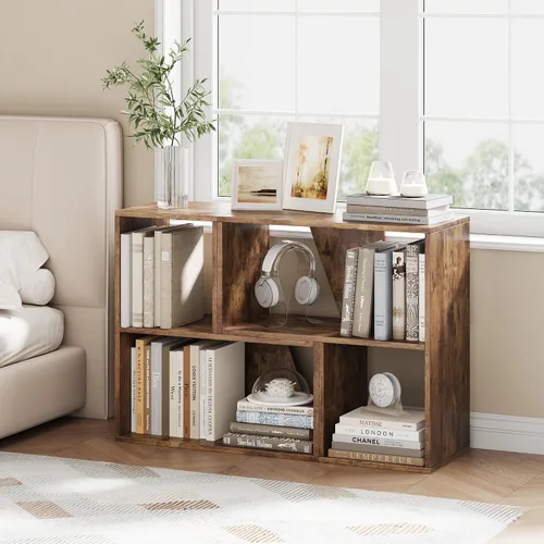 Miniatura 9 de MapleGrace Organizador de almacenamiento de 6 cubos, estantes de almacenamiento de madera con paneles traseros, estantería apilable para sala