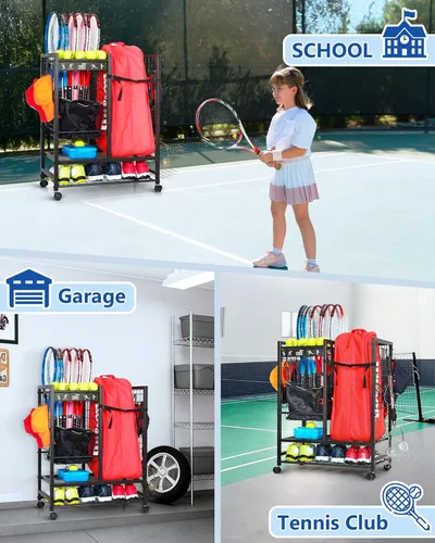 Miniatura 5 de Mythinglogic Estante de almacenamiento para bolsas de tenis, raqueta de tenis y organizador de pelotas, soporte para equipo de tenis para garaje