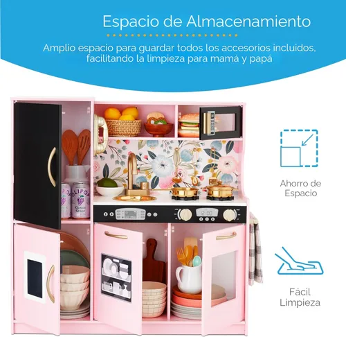 Miniatura 6 de Best Choice Products Juego de juguetes de madera para niños con diseño realista, teléfono, utensilios, horno, microondas, fregadero, rosa floral