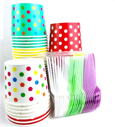 Worlds Tazas de helado de papel con cucharas de plástico, diseño de lunares, tazas de yogur de papel de 16 oz, mezcla de 50 unidades
