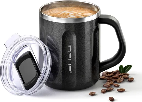 Miniatura 20 de Ideus Taza de café aislada de 16 onzas con asa y tapa, taza de café térmica al vacío de acero inoxidable de doble pared, taza de café de viaje