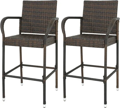 Miniatura 5 de LEMY Taburetes de bar para exteriores, juego de 2 sillas de mimbre para patio, muebles de ratán para interiores con reposabrazos para jardín