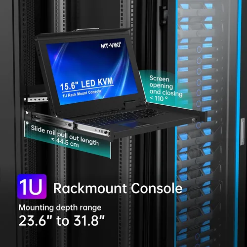 Miniatura 5 de MT-VIKI Consola KVM HDMI de 8 puertos, consola KVM de montaje en rack 1U con monitor LCD de 15.6 pulgadas, panel táctil integrado de profundidad