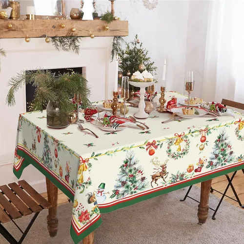 Miniatura 2 de Mantel rectangular de Navidad de 60 x 84 pulgadas, mantel de decoración navideña de alce, poliéster, impermeable y resistente a las arrugas, mantel