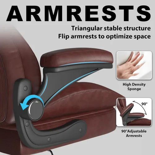 Miniatura 5 de Hovos Silla de oficina, ergonómica grande y alta silla de cuero de escritorio con brazos abatibles acolchados, bloqueo de inclinación ajustable