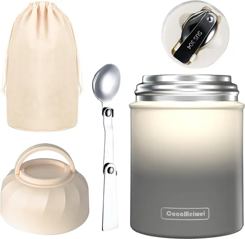 Miniatura 9 de Termo para alimentos y bebidas calientes, lonchera térmica, contenedor de alimentos aislado al vacío de 17 onzas con cuchara y bolsa con cordón