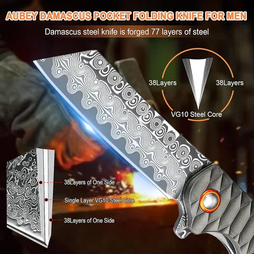 Miniatura 3 de Cuchillo de bolsillo AUBEY de Damasco, hoja de acero de Damasco de 3.34" con molino hueco, cuchillo plegable con rodamiento de bola, mango