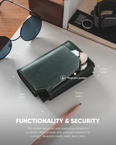 Miniatura 6 de VULKIT Billetera desplegable de metal para hombre, bloqueo RFID inteligente, tarjetero de crédito, cierre magnético, billetera triple de cuero