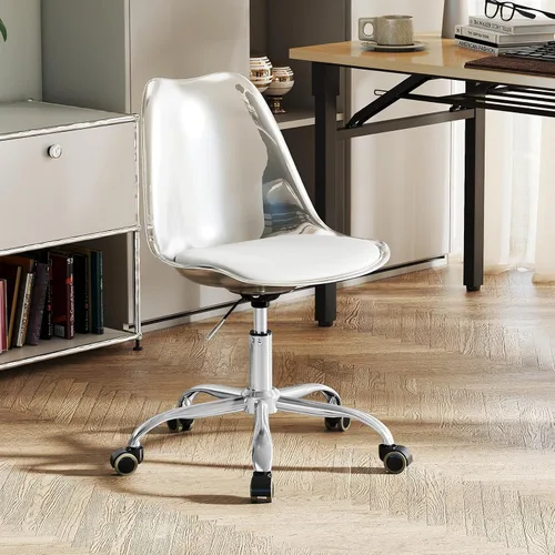 Miniatura 9 de COSTWAY Silla de escritorio transparente, sillas de oficina de acrílico rodantes sin brazos con asiento giratorio y cojín de piel sintética, altura
