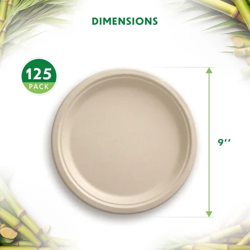 Miniatura 3 de Platos compostables, platos de papel desechables de alta resistencia - [125 unidades] de 9 pulgadas, biodegradables sin blanquear, hechos de bagazo