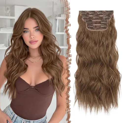 Miniatura 27 de FESHFEN Extensiones de cabello con clip - 4 piezas Extensiones de cabello sintético ondulado largo y grueso con clip para cabeza completa