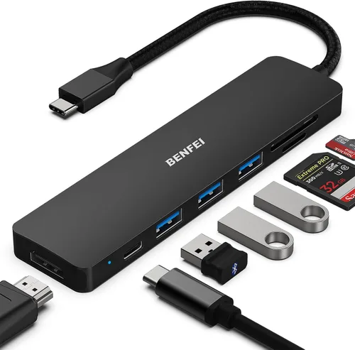 BENFEI HUB USB C 7 en 1, Adaptador HUB Multipuerto USB-C con HDMI (Certificado 4K @ 60Hz)/Entrega de energía de 100W/3*USB 3.0 5Gbps/Lector de Negro
