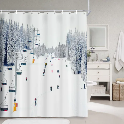 Miniatura 2 de NYMB Cortina de ducha deportiva, para invierno, vacaciones, viajes, nieve, esquí, teleférico, tela de poliéster, para baño, juego de accesorios