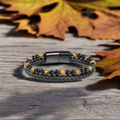 Miniatura 6 de Pulsera de cuero negro de ojo de tigre para hombre, piedra preciosa de ojo de tigre natural, joyería hecha a mano, pulsera de protección