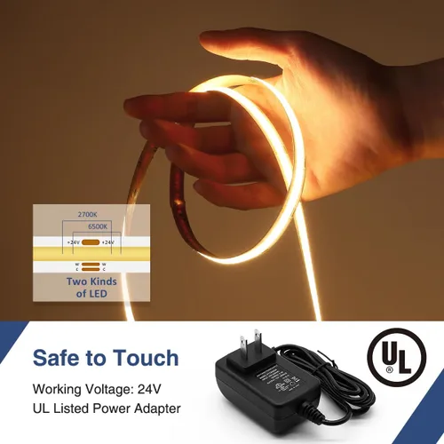 Miniatura 5 de COB - Tira de luz LED blanca regulable de 16.4 pies, 24 V, 2700 K-6500 K, cinta de tira de luz COB con control remoto RF 3200 LED CRI93+