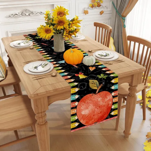 Miniatura 3 de Camino de mesa con lápiz de manzana de acuarela para el primer día de escuela, decoraciones y suministros para el hogar, escuela, aula, oficina, 13