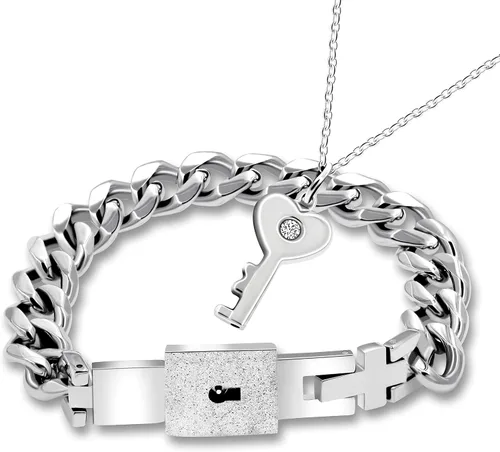 Uloveido Juego de collar con colgante de llave de acero de titanio y pulsera cuadrada para parejas, regalos de valetines, Metal, circonita cúbica