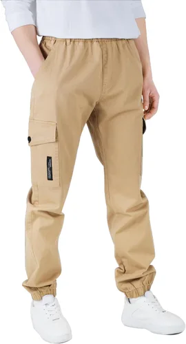 Miniatura 3 de CAMLAKEE Pantalones cargo para niños, cintura elástica, pantalones deportivos de sarga para niños